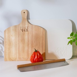 Set Piatra copt, lopata lemn si cutit pizza, DOLCE MARE, 38 cm x 30 cm x 1, 5 cm, Alb - Img 3
