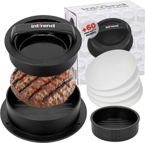 Set presa pentru burgeri, Intrend, 3 in 1, 6 piese, forma si presa, cu maner, din aluminiu, baza antiaderenta, 60 de foi hartie de copt, 30x40 cm, usor de curatat, negru