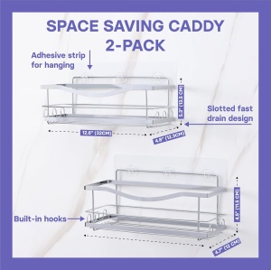 Set rafturi baie KincMax pentru dus, montaj fara gaurire, metal rezistent, 2 rafturi cu carlige, organizator perete, Argintiu - Img 8