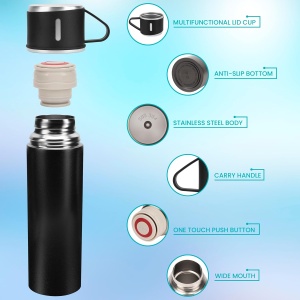 Set termos cu perete dublu Belle Vous, 3 cani, 23 x 6.5 cm, bauturi calde/reci pana la 12h, 500 ml, otel inoxidabil, Negru - Img 4