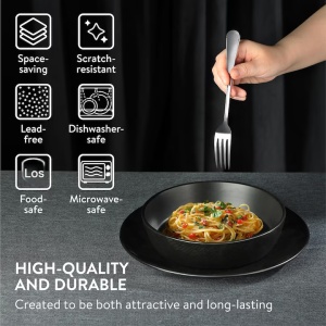 Set Vesela din Ceramica Premium, Navaris, 8 piese, pentru 2 persoane, design texturat, modern, rezistent, compatibil cu masina de spalat si cuptor, Negru - Img 3