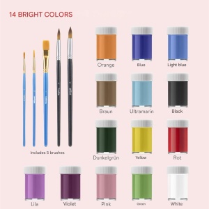 Set Vopsele Acrilice, Intrend, 14 culori, 18 ml/tub, Caiet desen A4, 400 g/m², 25 coli, 5 pensule pentru desen, Rezistent la apa, Multicolor - Img 2