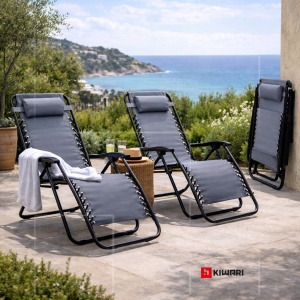 Sezlong Pliabil Kiwari® Beach, 165 x 65 x 113 cm, Gravitatie Zero, Cadru Metalic cu Textil, cu Tetiera, Portabil, Relaxare Plaja/Piscina/Terasa/Balcon, Gri - Img 3