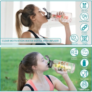 Sticla sport pentru apa Belle Vous, cu infuzor fructe, 2L, pai si capac rabatabil, marcaje motivationale timp, antiscurgere, 11 x 28.5 cm, Transparent - Img 5