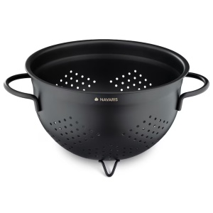Strecuratoare Navaris, 24 cm, 4.8 L, gauri mari, baza stabila, pentru bucatarie, negru, otel inoxidabil
