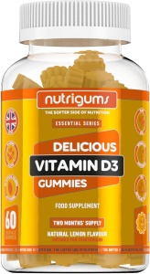 Supliment alimentar Vitamin D3 Gummies, Nutrigums, rezerva pentru doua luni, 1000iu de inalta rezistenta pentru sprijin imunitar, osos si muscular, potrivit pentru 12+ ani, vegan, aroma de lamaie, 60 de jeleuri