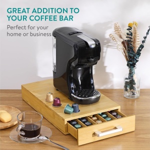 Suport 60 capsule de cafea Navaris, din bambus, 38.5 x 23.5 x 6 cm, compatibil cu Nespresso, tip sertar, Maro - Img 5
