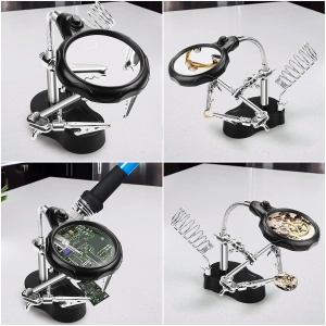 Suport cu lupa pentru lipit Kurtzy, iluminare LED, marire 3, 5x/12x, brate reglabile, cleme crocodil, suport letcon, baza stabila, 10 x 6, 3 x 2, 2 cm, Negru - Img 5