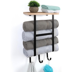 Suport de prosoape de perete Belle Vous, cu raft, 34 x 53 cm, lemn/metal, 3 carlige, Negru/Maro