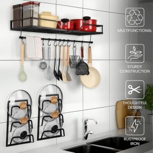 Suport Metalic Suspendat 3 in 1, Belle Vous, pentru ustensile de bucatarie, oale si capace, 80 x 30 x 8 cm, 10 carlige, Negru - Img 7