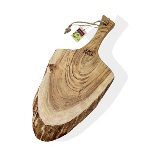 Tocator in forma de frunza cu maner din lemn masiv natural de Acacia dintr-o singura bucata, Bonfesto, Premium, 57 x 30 x 2.5 cm