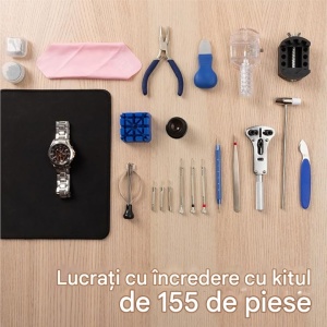 Trusa Scule pentru Reparat Ceasuri, H&S, 155 de Piese, Cutie de Transport, Kit Complet cu Unelte pentru Reglare, Schimb Baterie, Curele, Pini - Img 3