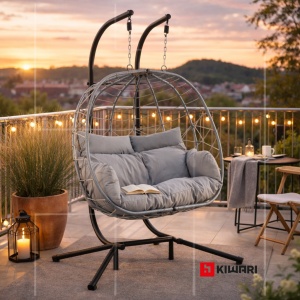 Balansoar suspendat dublu tip cuib Kiwari® Duo, cuib 68 x 126 x 114 cm, suport metalic 200 cm cu baza stabila cu patru picioare, plastic rezistent, leagan relaxare pentru casa/gradina/terasa/balcon, Gri - Img 7