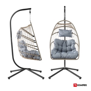 Balansoar suspendat tip cuib Kiwari® Zen, cuib 60 x 80 x 116 cm, suport metalic 200 cm cu baza stabila cu patru picioare, plastic rezistent, leagan relaxare pentru casa/gradina/terasa/balcon, Negru - Img 5