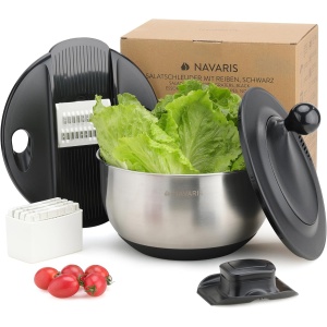 Bol multifunctional Navaris cu centrifuga pentru salata, 5 discuri interschimbabile pentru feliere si razuire, sita inclusa, inox, baza antiderapanta, Argintiu - Img 6