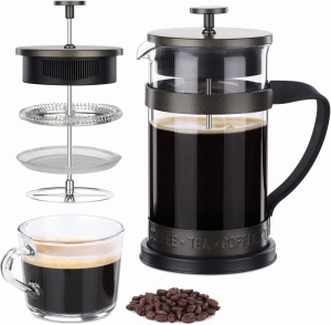 Cafetiera French Press Navaris, sticla borosilicata si inox, 1L, pentru cafea si ceai, 15,8x11x21cm