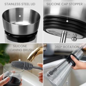 Carafa din sticla Belle Vous, capac inox si accesoriu fructe, 1, 4 L, borosilicata termorezistenta, cu maner silicon si perie curatare, Transparent - Img 3