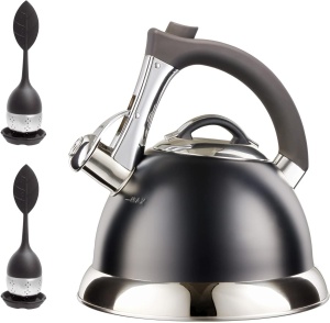 Ceainic cu fluier, Pykal, Otel inoxidabil, 2.8 L, 2 Infuzoare, Maner iCool, Negru
