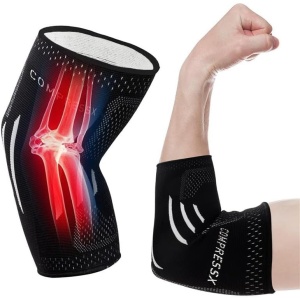 Compresie pentru cot, COMPRESS PRO, antiderapant, material respirabil, pentru ameliorarea durerilor, tendita, antrenamente, tenis, golf, baschet, marimea S, Negru/Alb