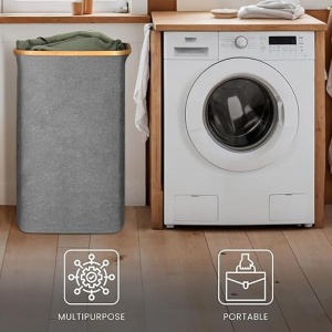 Cos pentru reciclare BELLE VOUS, capacitate 80L, poliester, 43 x 33 x 70 cm, pliabil, capac cu orificiu, sac integrat, multifunctional, Gri - Img 5