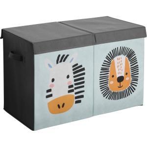 Cutie depozitare jucarii Navaris, 2 compartimente, cu capac, 62 x 33 x 40 cm, design Zebra si Leu, pliabila, Multicolor