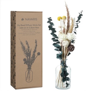 Difuzor aromaterapie Navaris, sticla, set cu betisoare din ratan si flori uscate decorative, 20x10cm
