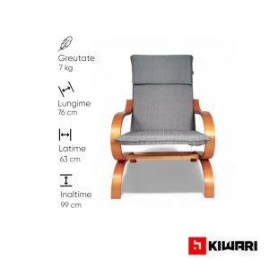 Fotoliu balansoar Kiwari Fit, suport picioare, cadru metalic cu brate din lemn, 76x63x99 cm, material textil poliester, husa detasabila, Gri - Img 4