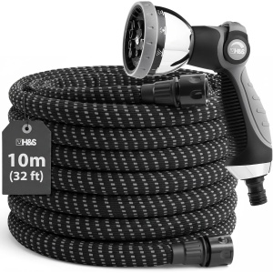 Furtun de gradina H&S, extensibil, 10m, pistol cu 10 functii de stropire, 19 x 13 x 10 cm, din latex/ABS, Gri