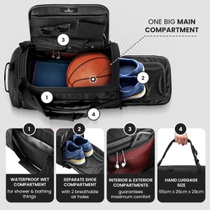 Geanta sport impermeabila pentru sala, cu compartiment pentru incaltaminte, BeMaxx, 55x26x28 cm, 40l, Negru - Img 3