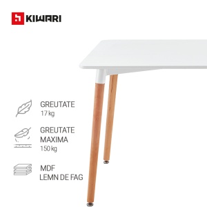 Masa Dining Kiwari® Alva, Blat MDF, Picioare Lemn Fag, Design Modern Bucatarie/Living, 120x80 cm, Capacitate 4–6 Persoane, Alb - Img 4