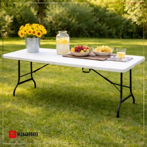 Masa plianta Kiwari® Event, 180x75 cm, pentru gradina, terasa, evenimente, HDPE ultra-rezistent, cadru metalic ranforsat, sistem pliere rapida, Alb - Img 8