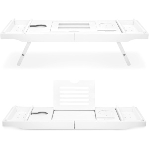 Masuta extensibila pentru cada Navaris, din bambus, 75–108 cm, masuta de servire la pat, cu suport pentru carte, tableta si pahar, Alb - Img 7