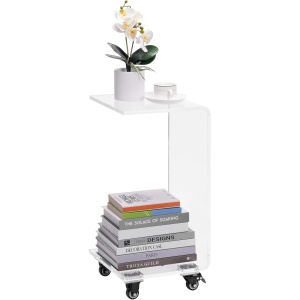 Masuta laterala Navaris, din acril, cu roti, design in forma de C, 66 x 30 x 30 cm, Transparent