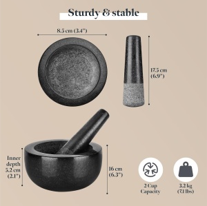Mojar cu pistil profesional, Gourmeo, din granit, 400 ml, 16 x 16 x 8 cm, usor de curatat, Negru - Img 5