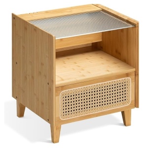 Noptiera din bambus Navaris, 40 × 42.5 × 49.5 cm, cu aspect de ratan, sertar, raft si blat din sticla, stil boho, Maro