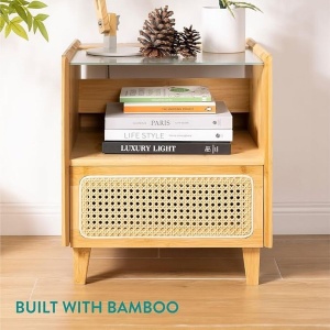 Noptiera din bambus Navaris, 40 × 42.5 × 49.5 cm, cu aspect de ratan, sertar, raft si blat din sticla, stil boho, Maro - Img 6