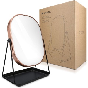 Oglinda cosmetica Navaris, rotativa 360°, ovala, cu baza metalica si tava pentru bijuterii, 18 x 28 cm, Negru/Bronz - Img 5