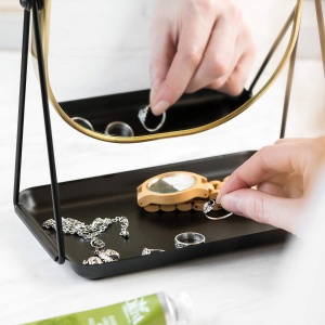 Oglinda cosmetica Navaris, rotativa 360°, ovala, cu baza metalica si tava pentru bijuterii, 18 x 28 cm, Negru/Auriu - Img 4