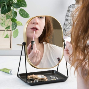 Oglinda cosmetica Navaris, rotativa 360°, ovala, cu baza metalica si tava pentru bijuterii, 18 x 28 cm, Negru/Auriu - Img 6