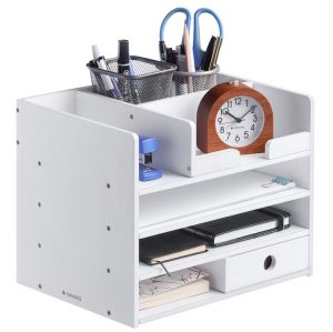 Organizator birou cu sertare Navaris, 33x24x26 cm, auto-asamblare, alb, bambus - Img 6