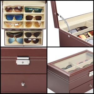 Organizator ochelari Kurtzy, 33.5 x 19 x 15.2 cm, 12 compartimente, 2 niveluri cu sertar, piele ecologica, capac sticla, Maro - Img 3