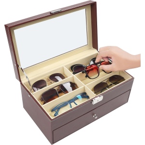 Organizator ochelari Kurtzy, 33.5 x 19 x 15.2 cm, 12 compartimente, 2 niveluri cu sertar, piele ecologica, capac sticla, Maro - Img 5
