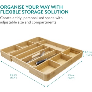 Organizator pentru tacamuri Navaris, extensibil, din bambus, 50 x 43 x 4.8 cm, 5-11 compartimente, Maro - Img 6