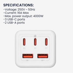 Prelungitor cu priza pentru birou kwmobile, 2 porturi USB A, 3 porturi USB C, 75 W, Cablu 1.5 m, Alb - Img 6