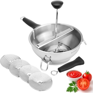 Presa manuala pentru pasat Navaris, pentru piure de fructe si legume, 27.5 x 25.5 x 17.5 cm, din otel inxodabil, 2.3 L, 4 discuri, Argintiu