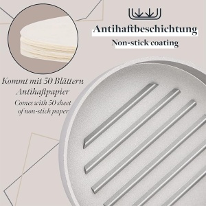 Presa pentru burger GOURMEO, aluminiu, antiaderent, diametru 11 cm, Argintiu, cu 50 foi de hartie de copt - Img 6