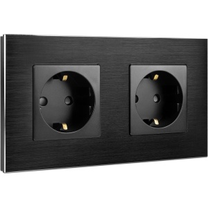 Priza dubla Navaris, inacastrabila, cu rama din aluminiu, 15.5 x 8.8 cm, design elegant, 4000W, Negru