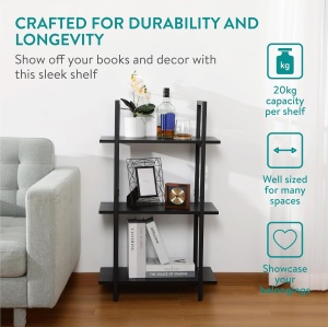 Raft depozitare Navaris, metal si lemn, 3 niveluri, design modern, 95 x 57 x 28 cm, pentru bucatarie, living sau birou, Negru - Img 2