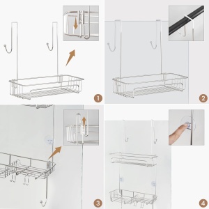 Raft pentru dus Belle Vous, 31 x 12 x 66 cm, cu 2 cosuri, 2 ventuze, Agatatoare pentru prosoape, Montare fara gaurire, Otel inoxidabil, Argintiu - Img 3