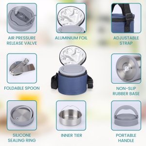 Recipient termic alimentar Belle Vous 700 ml, inox, termos alimentar cu 2 niveluri, capac etans, lingura inclusa, pentru birou, scoala, camping. geanta transport, Albastru - Img 4